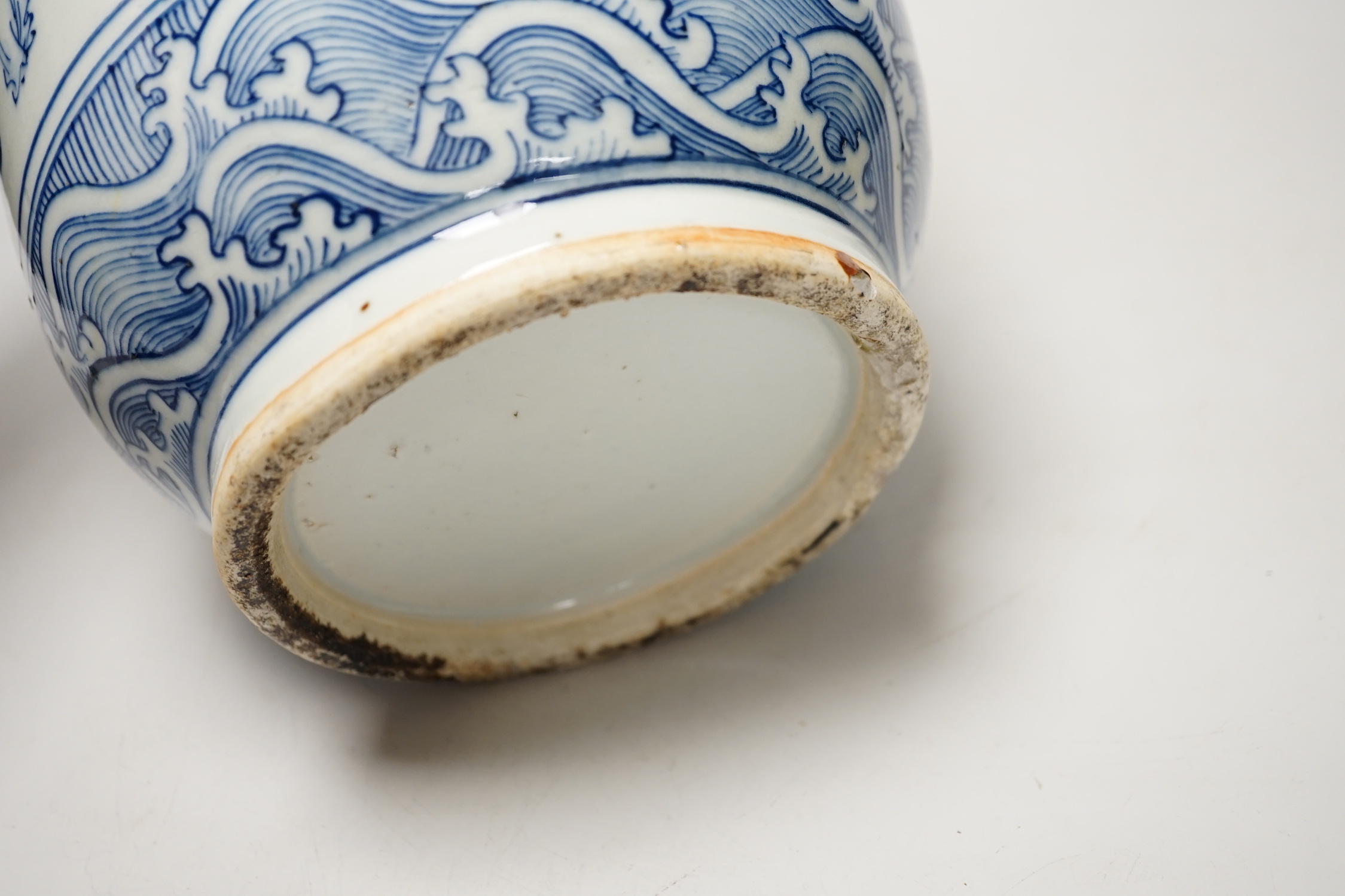 A Chinese blue and white rouleau vase painted with figures, 39cm (a.f.)